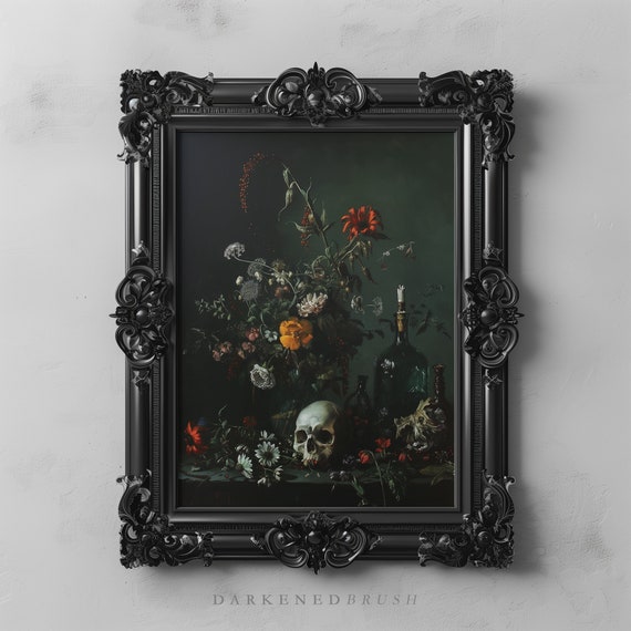Dark Flowers And Skull Painting Vintage Gothic Still Life Victorian Gothic Skull Art Botanical Flowers Printable Vanitas Dark Academia Decor
