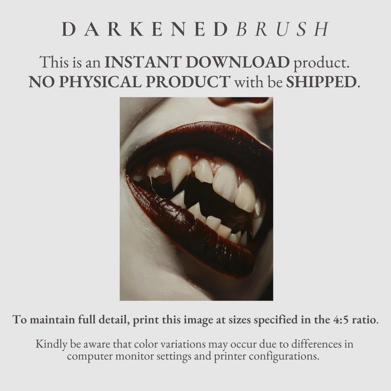May include: Close-up of a mouth with dark red lipstick and sharp, white fangs. The image is a digital download, not a physical product.