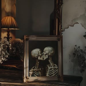 Arte imprimible para amantes de los esqueletos góticos, arte de pared de calavera romántica de estilo cottagecore oscuro, póster de amor gótico imprimible de Dark Academia, decoración artística de Halloween imagen 4