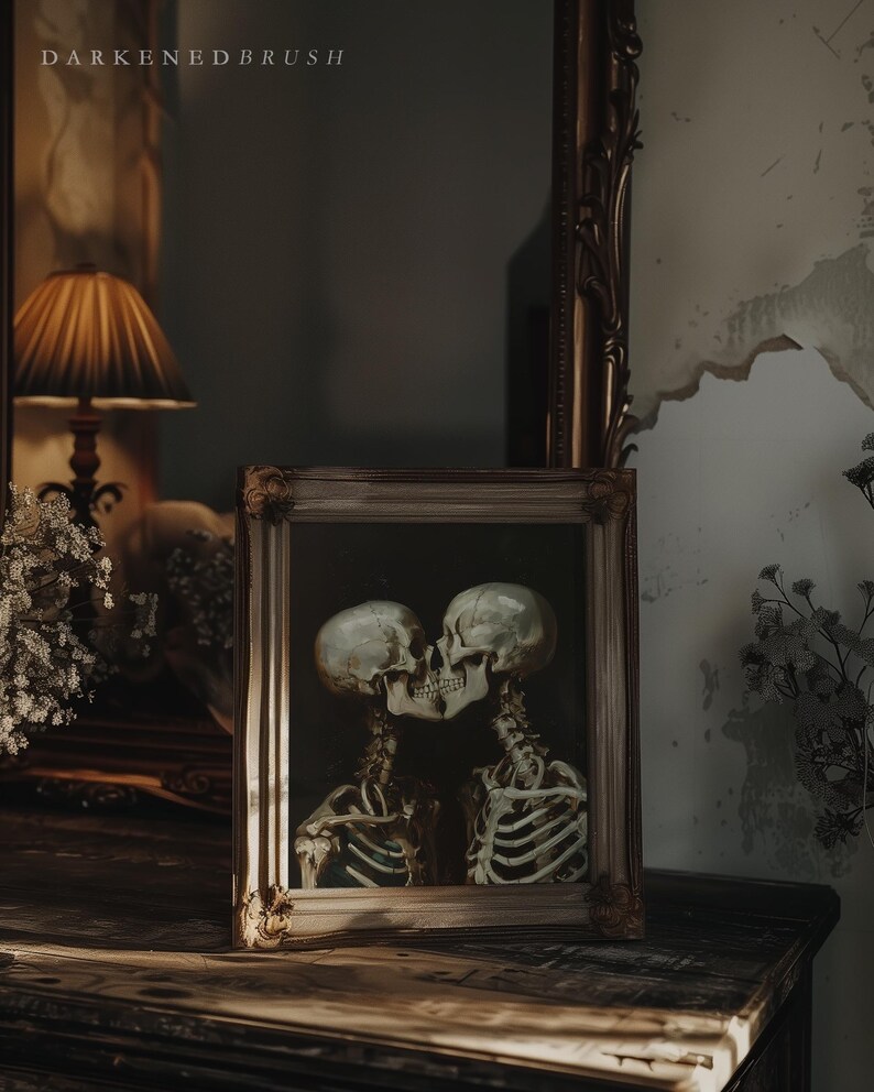 Arte imprimible para amantes de los esqueletos góticos, arte de pared de calavera romántica de estilo cottagecore oscuro, póster de amor gótico imprimible de Dark Academia, decoración artística de Halloween imagen 4