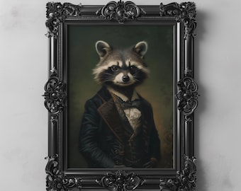 Peut inclure: Un raton laveur portant un costume noir et un nœud papillon blanc, dans un cadre noir orné. Le raton laveur regarde directement le spectateur.