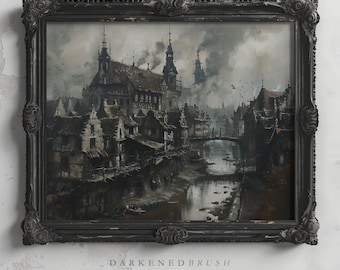 Viktorianische Gothic Stadtbild Kunstdruck Dunkel Antikes Ölgemälde Stimmungsvoll Rustikale Wand Kunst Academia Dekor Rustikale Landschaft Kunst zum Ausdrucken