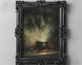 Gothic Cauldron With Smoke and Green Light Haunted Witchy Wall Art Dark Cottagecore Apothecary Halloween Wall Art Printable Aesthetic Decor