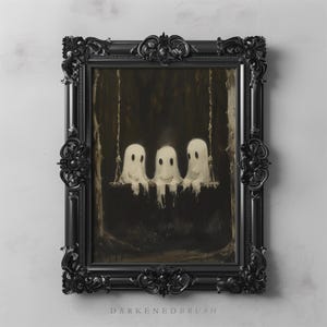 Drei süße Geister auf einer Schaukel, lustige Geister Wandkunst, Vintage Geist druckbare, gotische Halloween-Dekor-gruselige Jahreszeit Herbst dunkel Academia Druck
