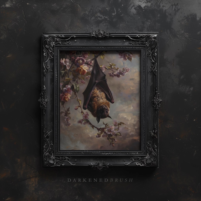 May include: A framed painting depicting a brown bat hanging upside down from a branch of a flowering tree. The bat is a dark brown and black colour, and the flowers are pink and white. The painting is set against a cloudy sky background.