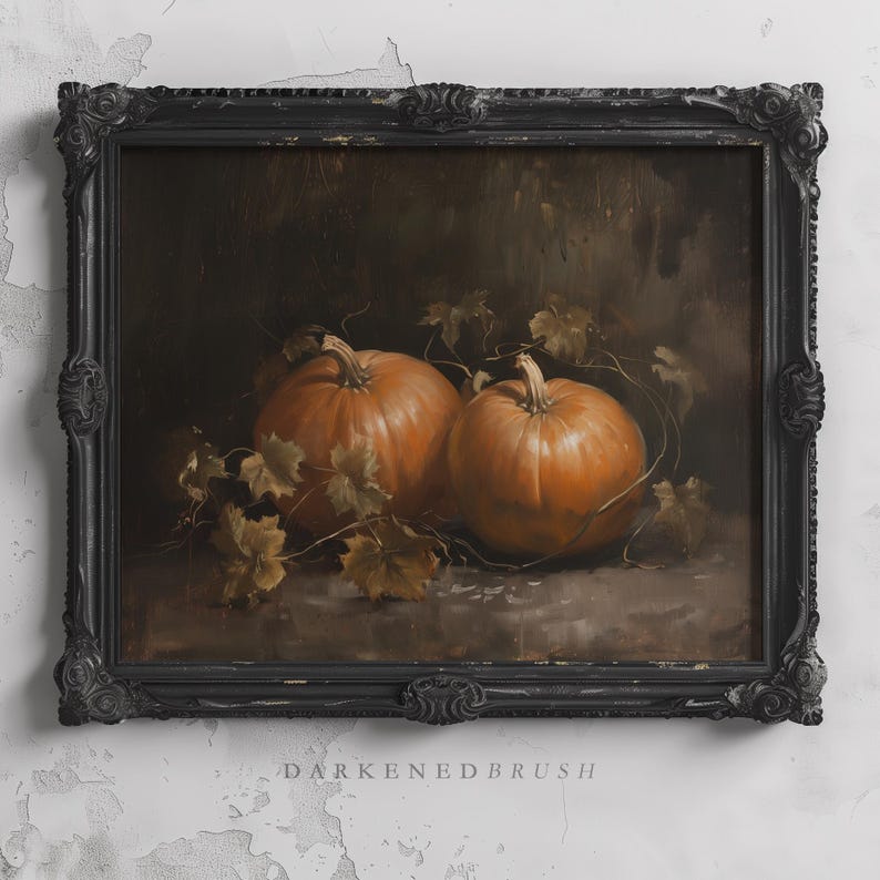 May include: A painting of two orange pumpkins with green leaves in a dark brown frame. The painting is titled "Darkened Brush".