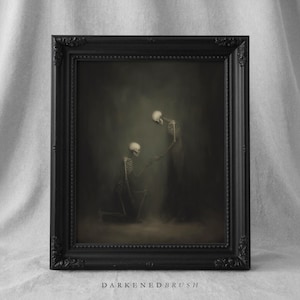 May include: A framed artwork with a gothic theme. The image shows two skeletons, one kneeling and the other standing, in a shadowy environment. The black frame has decorative details, and the text "DARKENEBRUSH" is at the bottom of the artwork.