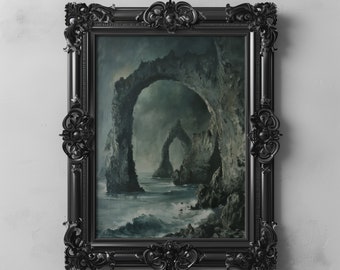 Dark Fantasy Ocean Cliffs Seascape, Ocean And Coastal Aesthetic Art, Dark Oil Painting, Gothic Moody Wall Art, Dark Digital Instant Download