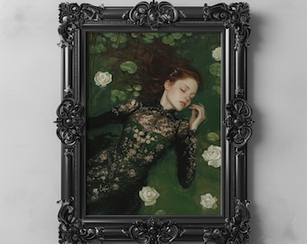 Romantic Ophelia Gothic Art Printable Dark Enchanted Woman Ethereal Water Lily Pond Moody Victorian Dark Academia Cottagecore Wall Decor