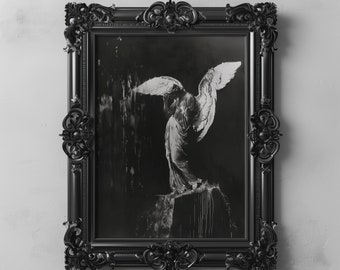 Greek Mythology Statue Sculpture Angel Wings Stoic Art, Abstract Painting, Black And White Dark Academia Art, Roman Statue Unique Wall Art