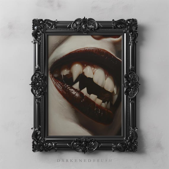 Vampire Fangs Art Printable, Dark Cottagecore Gothic Decor, Moody Vintage Vampire Art, Horror Art Lover, Gothic Home Decor, Dark Fantasy