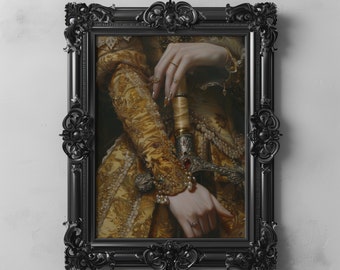 Viktorianische ästhetische Prinzessin Meisterschwertkunst, dunkle schwermütige Wandkunst, barockes Ölgemälde, dunkle Academia viktorianische Frau königliches Porträt