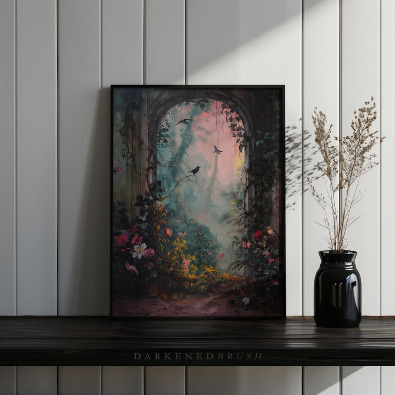 May include: A framed painting of a stone archway leading into a lush, misty forest. The archway is overgrown with vines and flowers, and there are birds flying in the sky. The painting has a dreamy, ethereal quality.