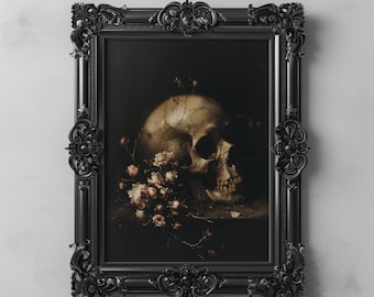 May include: A black ornate frame surrounds a painting of a human skull with delicate white flowers and vines. The skull is positioned on a dark background, creating a dramatic and moody aesthetic.