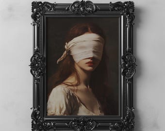 Mit verbundenen Augen Schönheit Kunst Gothic Dark Academia Portrait druckbare, launische viktorianische Kunst, dunkle Cottagecore mysteriöse Frau Wandkunst Wohnkultur