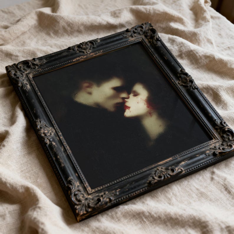 Gothic Vampire Kiss Print, Dark Romantic Wall Art for Lovers, Moody Valentine Fine Art, Baroque Gothic Couple, Haunted Bedroom Decor image 7