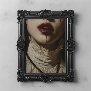 Retrato artístico de mulher vampira gótica e romântica sombria para impressão, pintura a óleo sombria e temperamental, decoração de academia sombria, arte sangrenta para download instantâneo