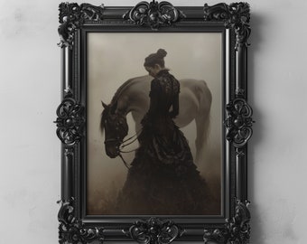 Gothic Princess and Horse Printable Painting, Dark Academia Decor, Moody Wall Art, Victorian Aesthetic Animal Poster, Horse Lovers Gift