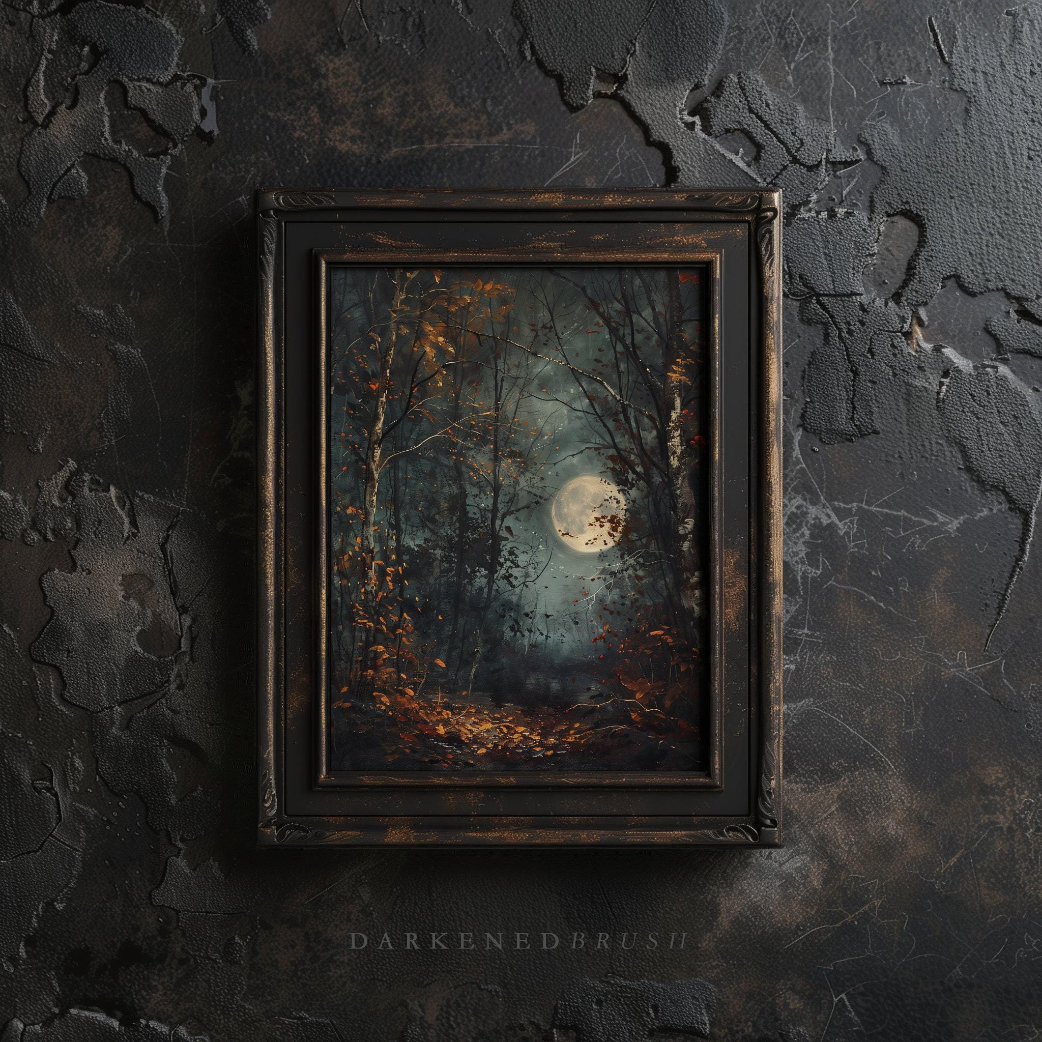 Autumn Full Moon Dark Forest Art Print, Dark Woodland Cottagecore ...