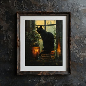 May include: A black cat sits on a stack of books in a dimly lit room. The cat is looking out of a window with a view of a forest. There are candles and a potted plant in the room.
