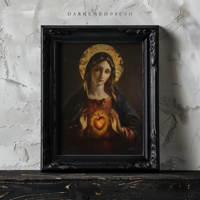 May include: A framed painting depicting a woman with a halo, holding a heart in her hands. She is wearing a blue robe and a red dress. The heart is glowing and has a crown of thorns.