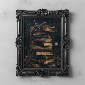 Dark Academia Antyczne zabytkowe książki i róże Sztuka ścienna, zabytkowy botaniczny nadruk, wystrój książkowy, nastrojowa kwiatowa sztuka literacka Victorian Academia