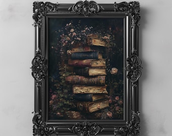 Dark Academia Antike Vintage Bücher und Rosen Wandkunst, Vintage Botanischer Druck, Bücherwurm Dekor, Stimmungsvolle Blumen literarische Kunst Viktorianische Academia
