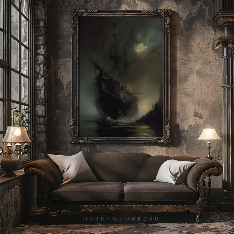 May include: A dark brown leather sofa with gold accents sits in a dimly lit room. A framed painting of a ship sailing through a foggy sea hangs on the wall behind the sofa. Two lamps with white lampshades stand on either side of the sofa.