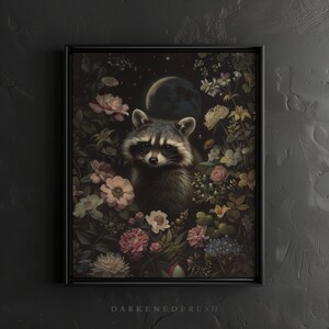 May include: A raccoon with a black mask peeks out from behind a cluster of pink, white, and purple flowers. The background is a dark, starry night with a crescent moon.