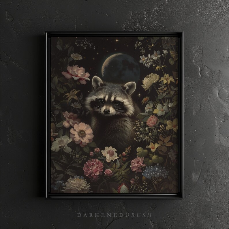May include: A raccoon with a black mask peeks out from behind a cluster of pink, white, and purple flowers. The background is a dark, starry night with a crescent moon.