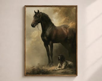 Dark Horse and Hound Painting, Moody Wall Art, Victorian Equestrian Decor, Archival Print 1167