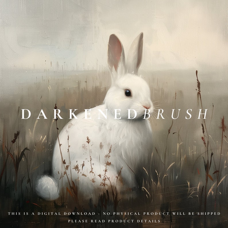 May include: A white rabbit sits in a field of tall grass. The rabbit is facing the right side of the image. The background is a soft, muted gray. The text "DARKENEDBRUSH" is superimposed on the image.