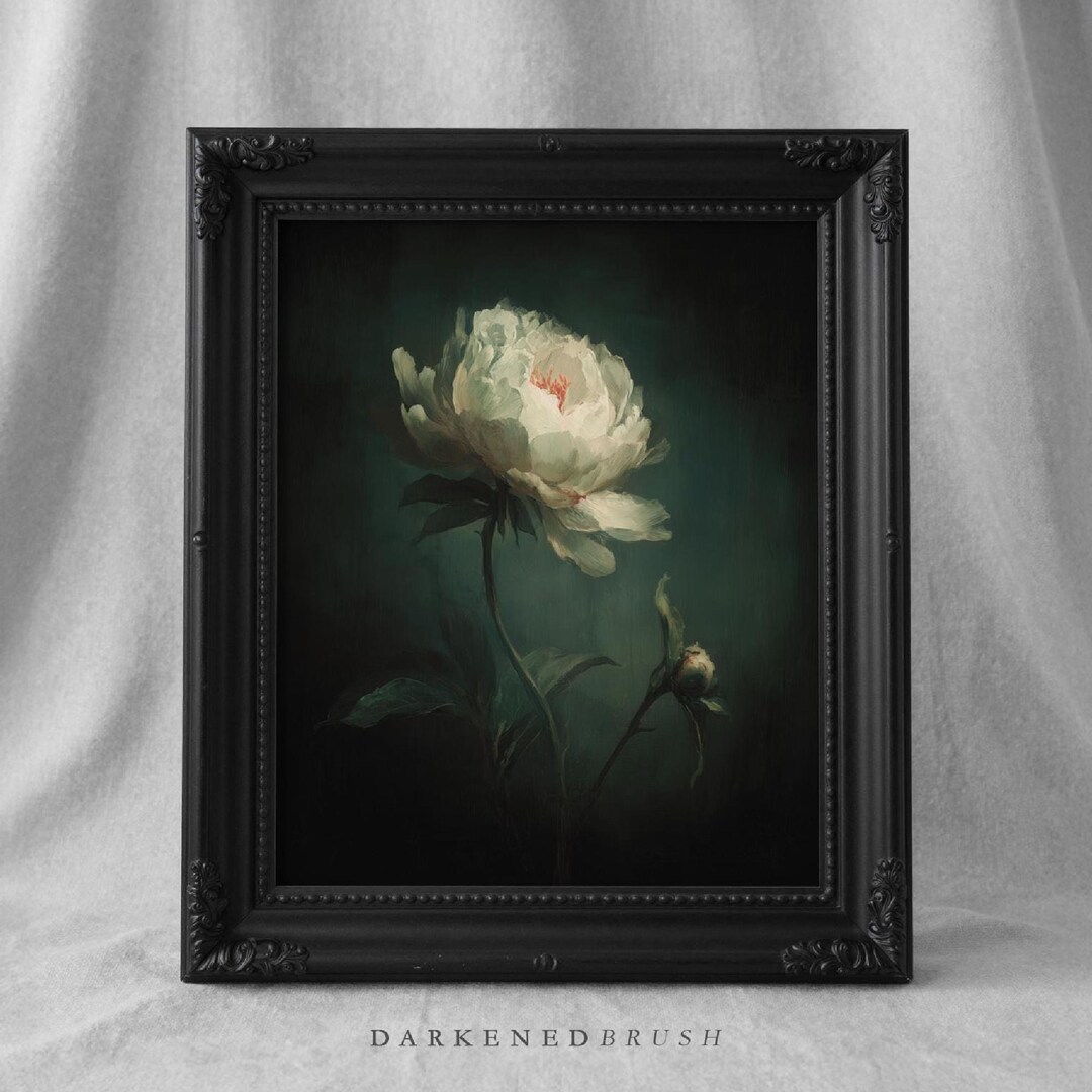 Dark Moody Peony Art Printable Gothic Floral Wall Decor, Dramatic White ...