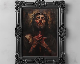 Jesus Christ with Crown of Thorns Art, Digital Christ Painting, Religious Christian Art, Catholic Wall Print, Intense Spiritual Art Decor