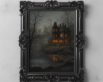 May include: A painting of a dark, mysterious house with lit windows, set against a backdrop of trees and a foggy lake. The house is framed in a black ornate frame.