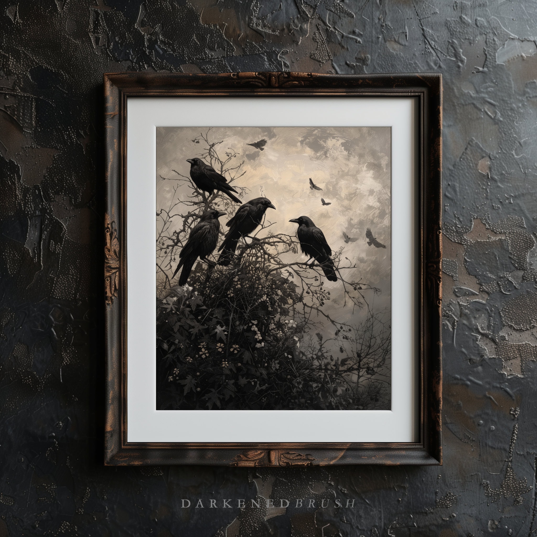 Birds on Branch Vintage Raven Art Painting, Moody Victorian Art