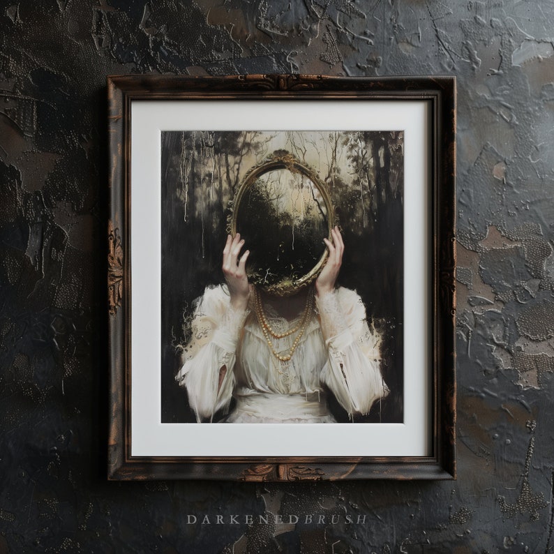 May include: A framed painting of a woman in a white dress holding a mirror in front of her face. The mirror reflects a dark forest scene.