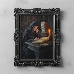 May include: A woman in a dark dress sits at a table in a dimly lit room, reading a book by candlelight. She is surrounded by bookshelves filled with books. The scene is painted in a realistic style.