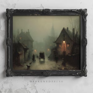 Gothic Village in Misty Twilight with Victorian Houses Moody Landscape Printable Wall Art Haunted Town Dark Academia Cottagecore Aesthetic
