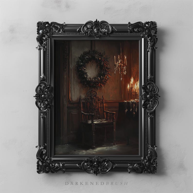 May include: A black framed painting depicting a dark, dimly lit room with a wooden chair, a wreath hanging on the wall, and a chandelier with lit candles. The painting has a vintage, antique aesthetic.