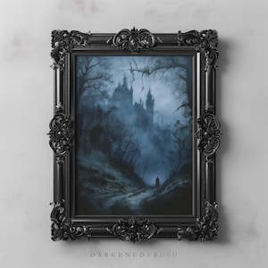 Spuktes gotisches Schloss im nebligen dunklen Wald, dunkle Cottagecore-Gothik-Kunst, dunkle Academia Moody Night Landschaft Gruseliges Halloween-Wand-Kunst-Dekor