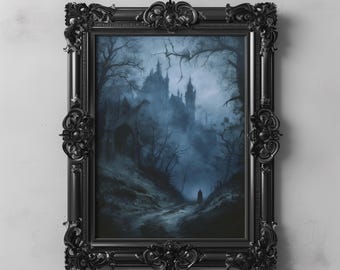 Haunted Gothic Castle in Misty Dark Forest, Dark Cottagecore Gothic Art, Dark Academia Moody Night Landscape Spooky Halloween Wall Art Decor