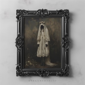Ghostly Bride in Victorian Vintage Dress, Dark Academia Cottagecore Gothic Art, Moody Victorian Portrait Dark Aesthetic Haunting Wall Decor