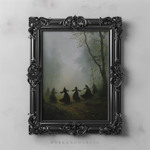 Hexen tanzen im nebligen dunklen Wald, Cottagecore Gothic Kunst, Okkulte Wicca Ritual Dekoration, Dark Academia Moody Halloween Printable