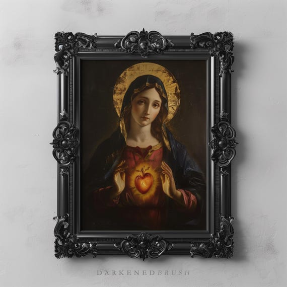 Heart of the Virgin Mary Painting, Catholic Wall Art Immaculate Heart of Mary, Traditional Christian Digital Art Mother Mary Religious Decor