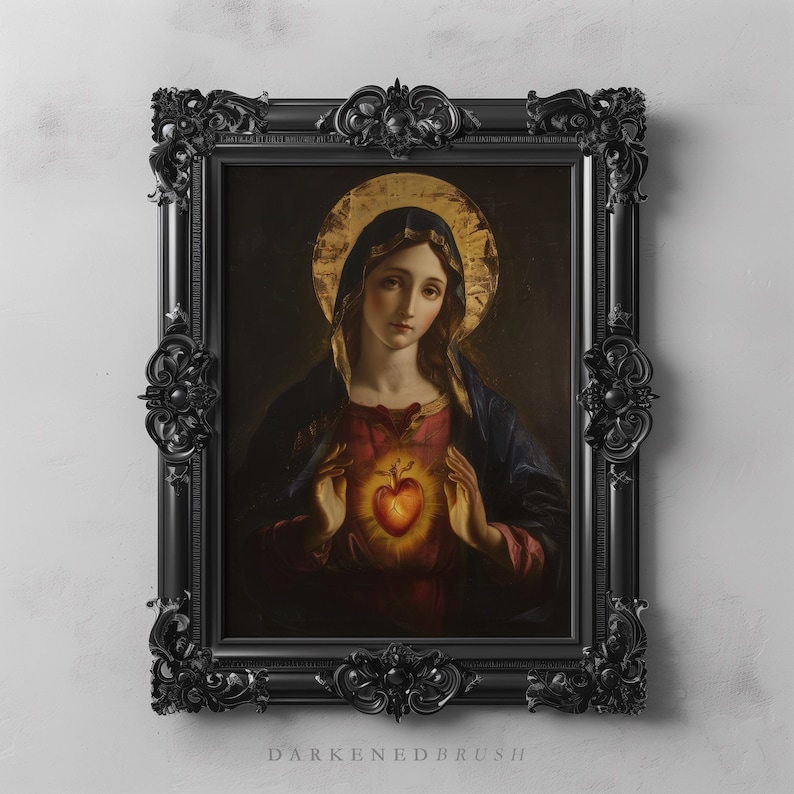 May include: A framed painting of the Virgin Mary holding a glowing heart in her hands. The painting is in a dark, ornate frame.