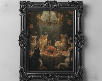 Whimsical Cats Art Printable Painting Dark Academia Cottagecore Decor, Vintage Aesthetic Animal Wall Art, Cat Lover Gift, Enchanting Fantasy