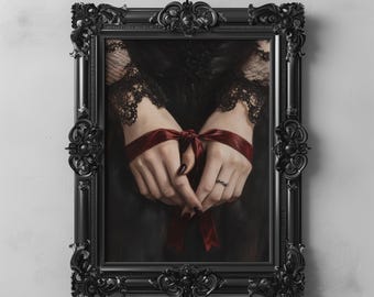Victorian Gothic Hands Artwork, Dark Red Ribbon Tied Elegance, Romantic Victorian Wall Art, Dark Academia Aesthetic Decor, Unique Gift Print