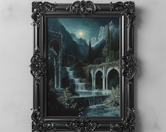 Cascadas bajo arcos góticos, academia oscura, montaña, fantasía, paisaje nocturno, arte mural, naturaleza encantada, decoración, arte digital imprimible, descarga