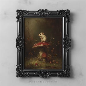 Fliegenpilz Maus dunkel Cottagecore Tier Art Printable Stimmungsvoll Wald Dekor rustikal Waldkern Fantasy Wand Kunst druckbare Vintage Download